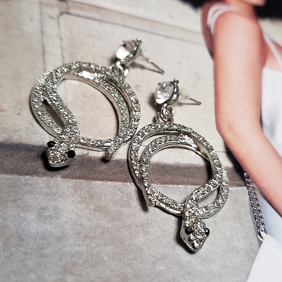 Silver Serpent Coiled Earrings Cubic Zirconia - Picture 4 of 9